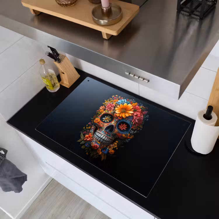 2-in-1 Herdabdeckplatte & Spritzschutz - Blumen - Bunt - Totenkopf - Bloemen - Kleurrijk - Schedel Inductie beschemer met haakjes klein