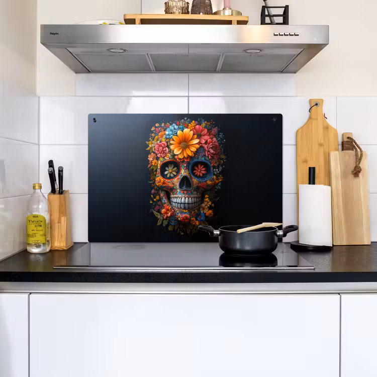 2-in-1 Herdabdeckplatte & Spritzschutz - Blumen - Bunt - Totenkopf - Bloemen - Kleurrijk - Schedel Inductie beschemer met haakjes klein