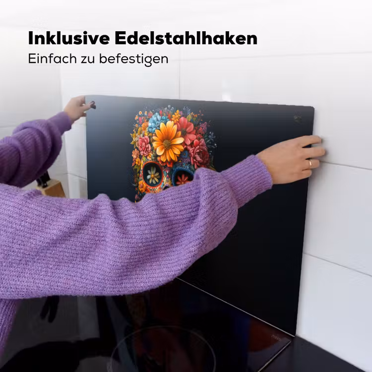 2-in-1 Herdabdeckplatte & Spritzschutz - Blumen - Bunt - Totenkopf - Bloemen - Kleurrijk - Schedel Inductie beschemer met haakjes klein