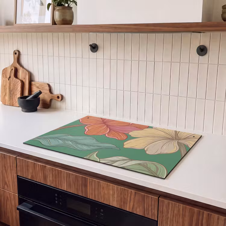 2-in-1 Herdabdeckplatte & Spritzschutz - Blumen – Grün – Illustration - Bloemen - Groen - Illustratie Inductie beschemer met haakjes klein