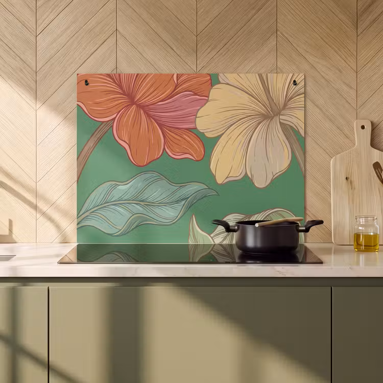 2-in-1 Herdabdeckplatte & Spritzschutz - Blumen – Grün – Illustration - Bloemen - Groen - Illustratie Inductie beschemer met haakjes klein