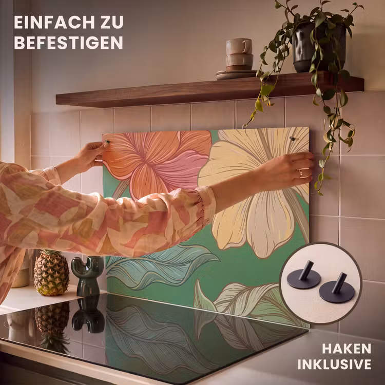 2-in-1 Herdabdeckplatte & Spritzschutz - Blumen – Grün – Illustration - Bloemen - Groen - Illustratie Inductie beschemer met haakjes klein