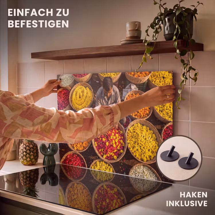 2-in-1 Herdabdeckplatte & Spritzschutz - Blumen – Markt – Bunt - Bloemen - Markt - Kleurrijk Inductie beschemer met haakjes klein