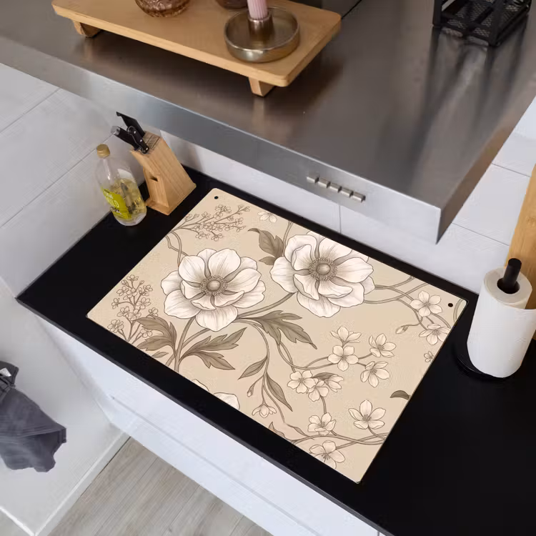 Bloemen - Patroon - Beige Inductie beschemer met haakjes klein -sfeer1