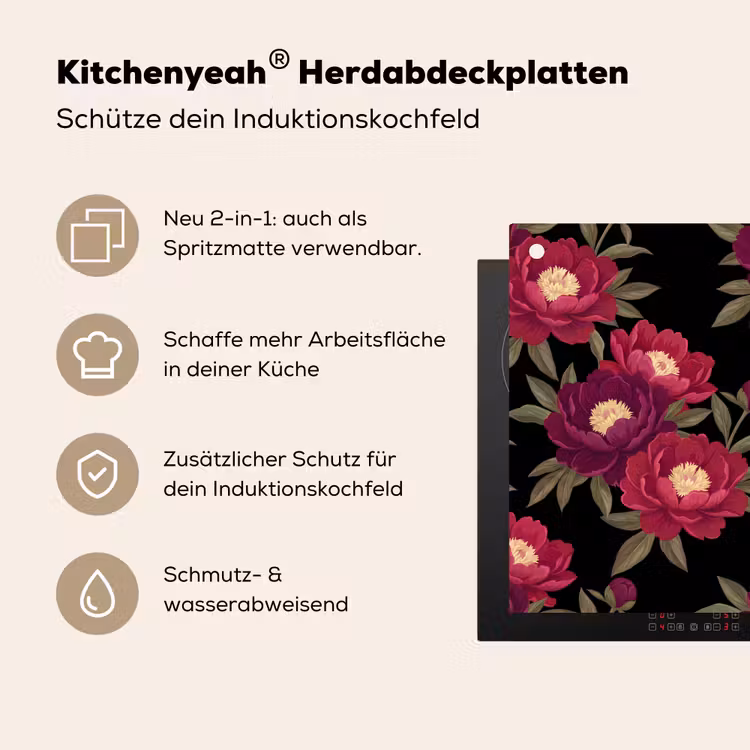 Bloemen - Patroon - Botanisch - Rood - Zwart Inductie beschemer met haakjes klein -ky-usp-de
