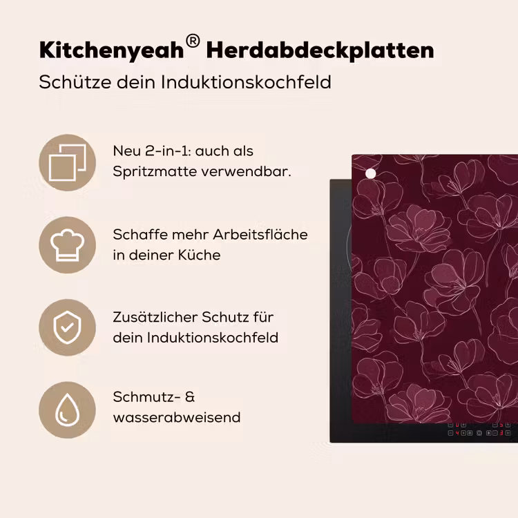 Bloemen - Patroon - Bordeauxrood Inductie beschemer met haakjes klein 777 -ky-usp-de