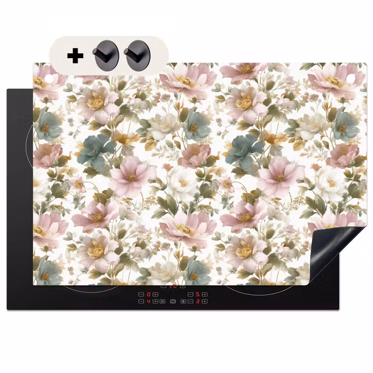 2-in-1 Herdabdeckplatte & Spritzschutz - Blumen - Muster - Pastell - Bloemen - Patroon - Pastel Inductie beschemer met haakjes klein 777