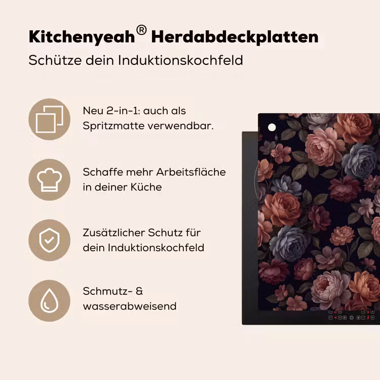 Bloemen - Patroon - Vintage - Donker - Roze Inductie beschemer met haakjes klein -ky-usp-de