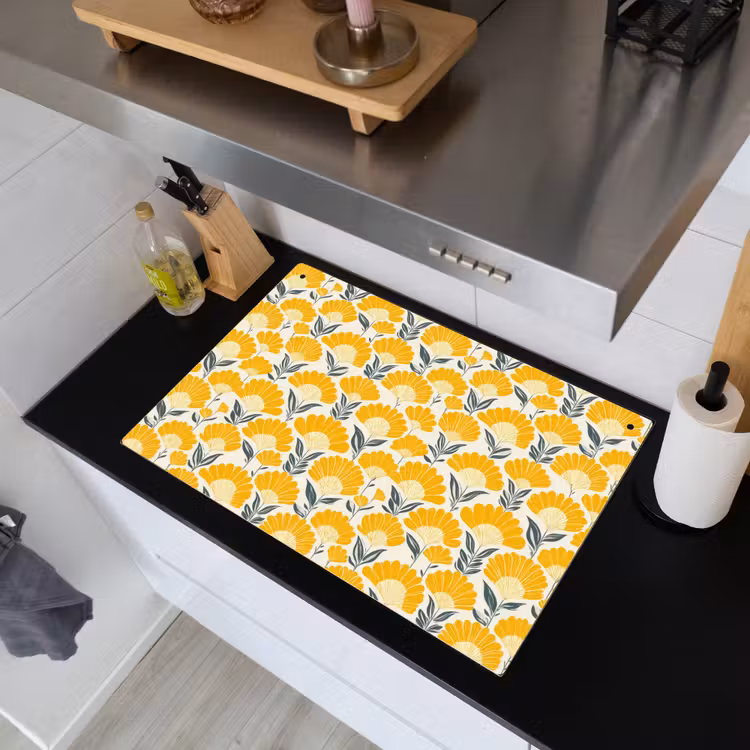 Bloemen - Retro - Botanisch - Okergeel - Grijs Inductie beschemer met haakjes klein 777 -sfeer1