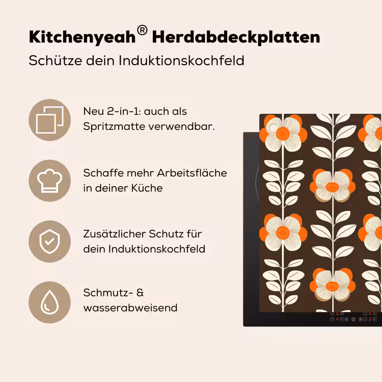 Bloemen - Retro - Bruin Inductie beschemer met haakjes klein 777 -ky-usp-de