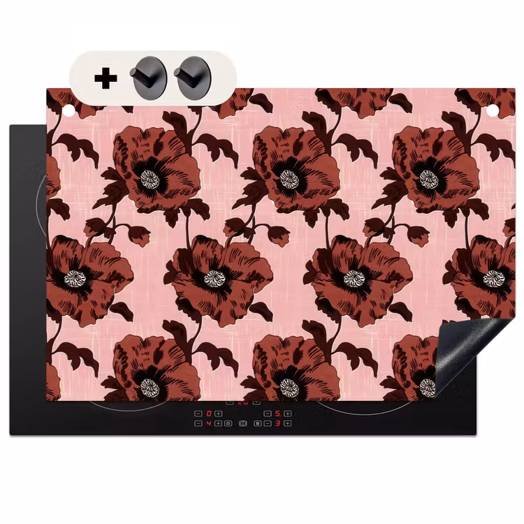 2-in-1 Herdabdeckplatte & Spritzschutz - Blumen - Retro - Rot - Bloemen - Retro - Rood Inductie beschemer met haakjes klein 777