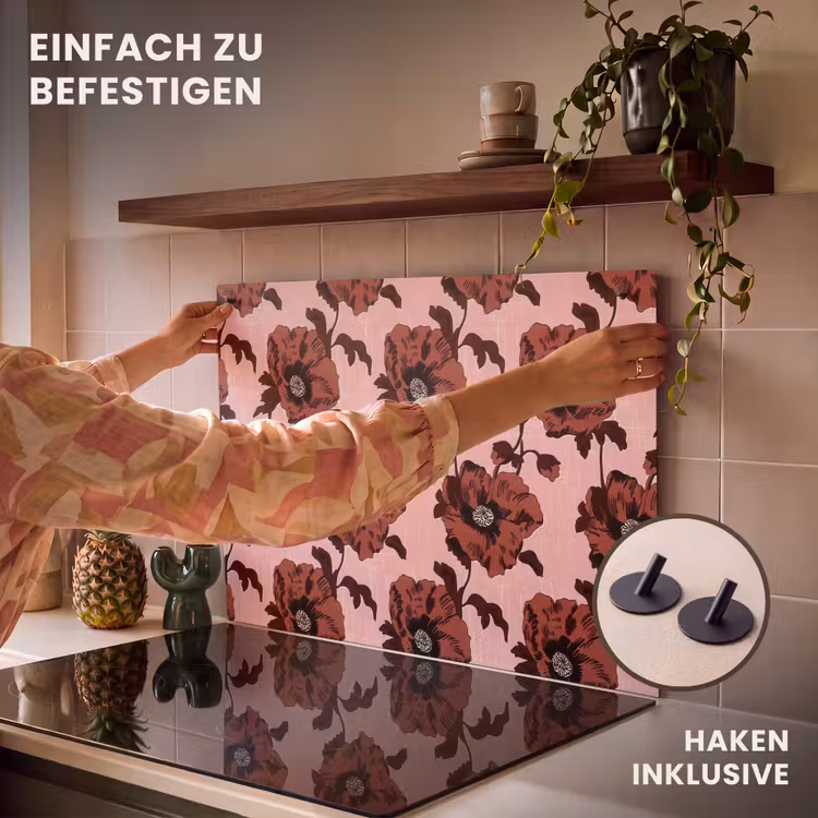 2-in-1 Herdabdeckplatte & Spritzschutz - Blumen - Retro - Rot - Bloemen - Retro - Rood Inductie beschemer met haakjes klein 777