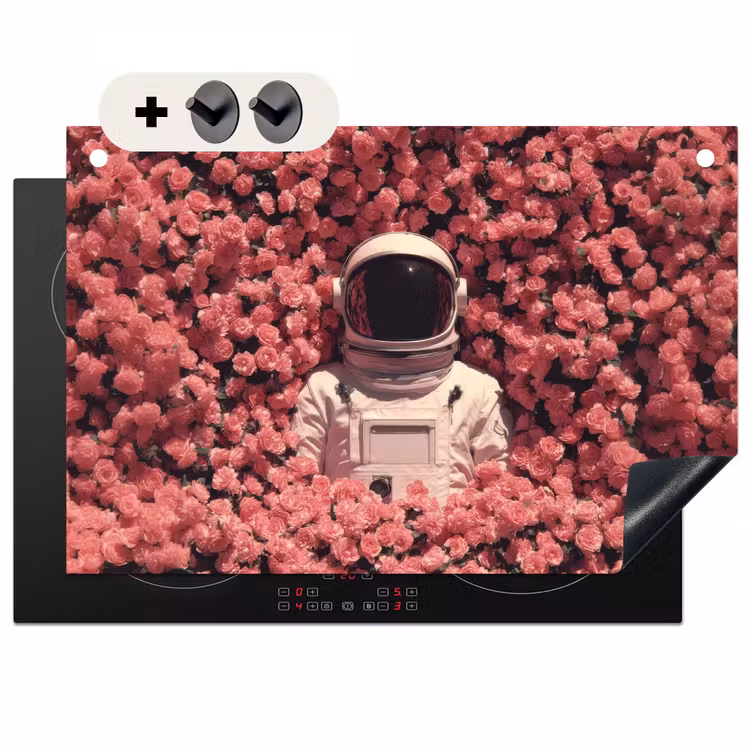 2-in-1 Herdabdeckplatte & Spritzschutz - Blumen - Rosa - Astronaut - Bloemen - Roze - Astronaut Inductie beschemer met haakjes klein