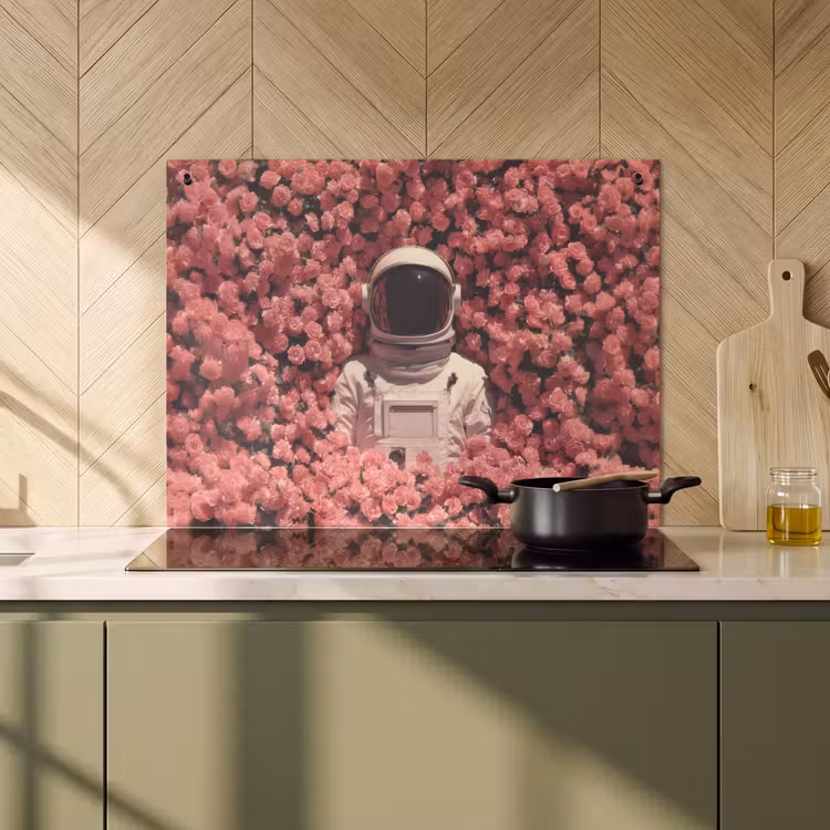 2-in-1 Herdabdeckplatte & Spritzschutz - Blumen - Rosa - Astronaut - Bloemen - Roze - Astronaut Inductie beschemer met haakjes klein