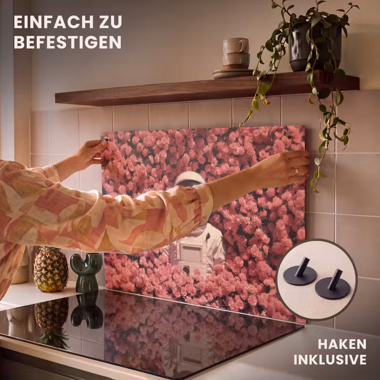 2-in-1 Herdabdeckplatte & Spritzschutz - Blumen - Rosa - Astronaut - Bloemen - Roze - Astronaut Inductie beschemer met haakjes klein