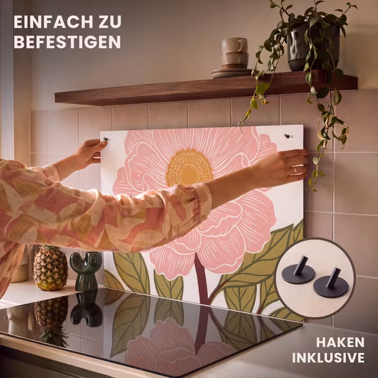 2-in-1 Herdabdeckplatte & Spritzschutz - Blumen – Rosa – Illustration - Bloemen - Roze - Illustratie Inductie beschemer met haakjes klein
