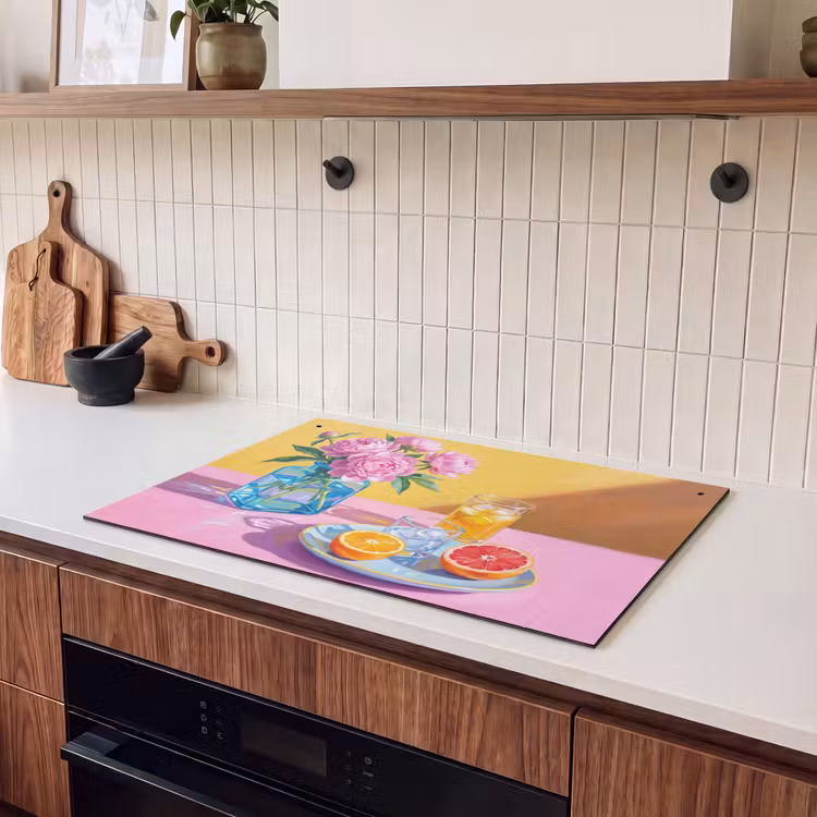 2-in-1 Herdabdeckplatte & Spritzschutz - Blumen – Rosa – Modern - Bloemen - Roze - Modern Inductie beschemer met haakjes klein