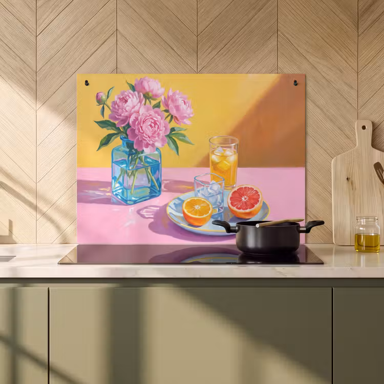2-in-1 Herdabdeckplatte & Spritzschutz - Blumen – Rosa – Modern - Bloemen - Roze - Modern Inductie beschemer met haakjes klein
