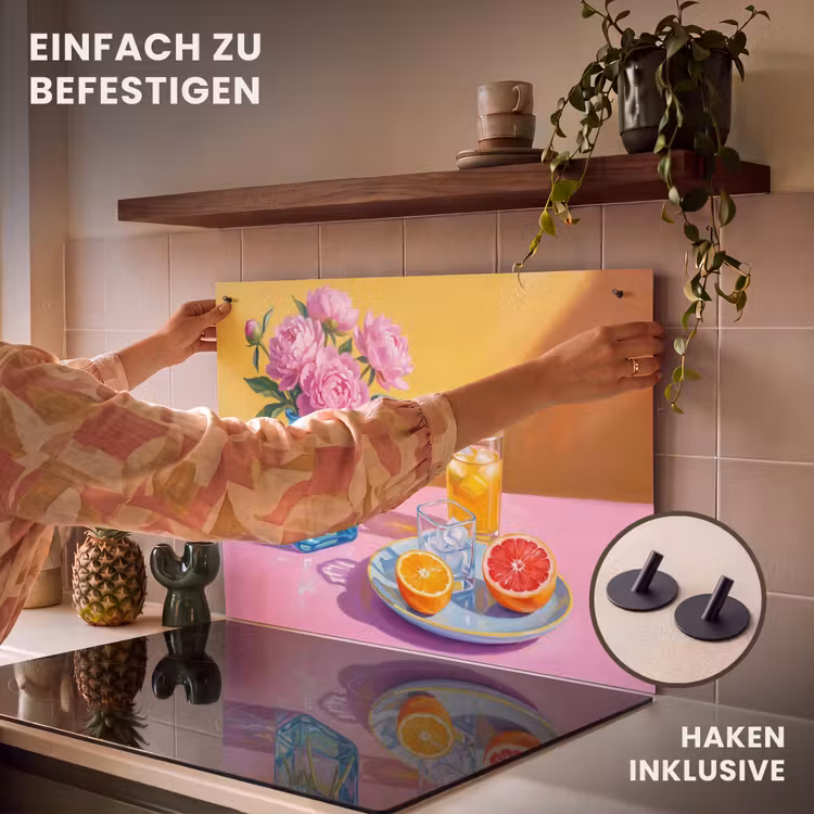 2-in-1 Herdabdeckplatte & Spritzschutz - Blumen – Rosa – Modern - Bloemen - Roze - Modern Inductie beschemer met haakjes klein