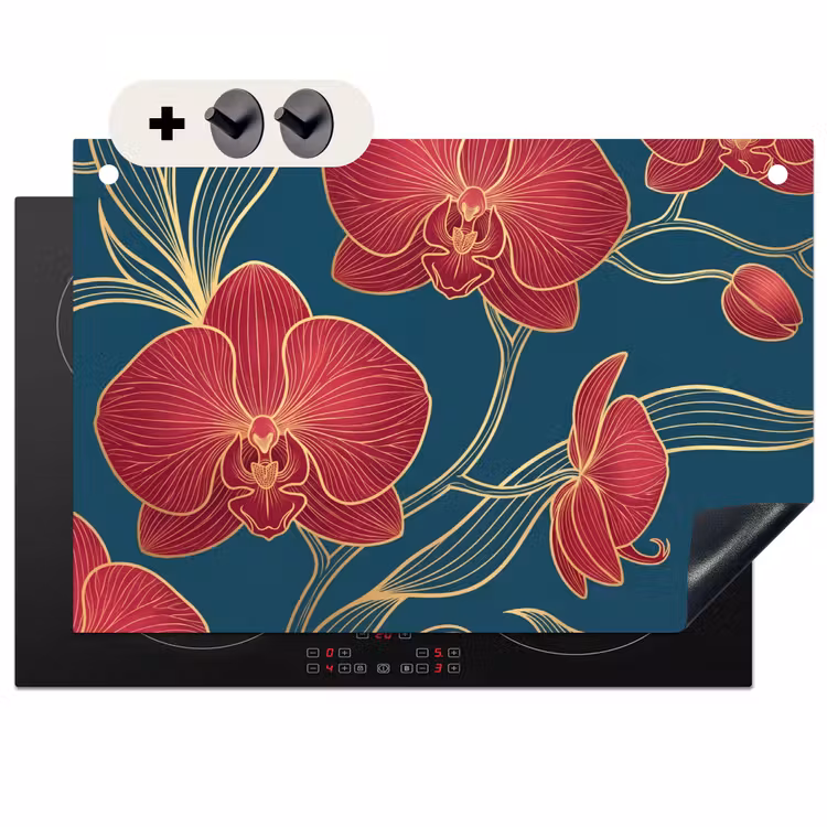 2-in-1 Herdabdeckplatte & Spritzschutz - Blumen – Rot – Gold - Bloemen - Rood - Goud Inductie beschemer met haakjes klein