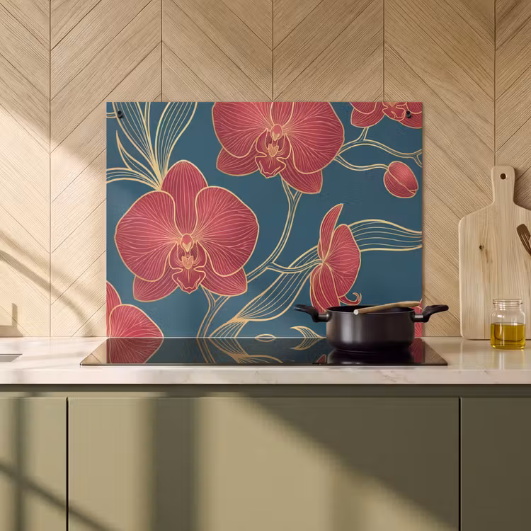 2-in-1 Herdabdeckplatte & Spritzschutz - Blumen – Rot – Gold - Bloemen - Rood - Goud Inductie beschemer met haakjes klein