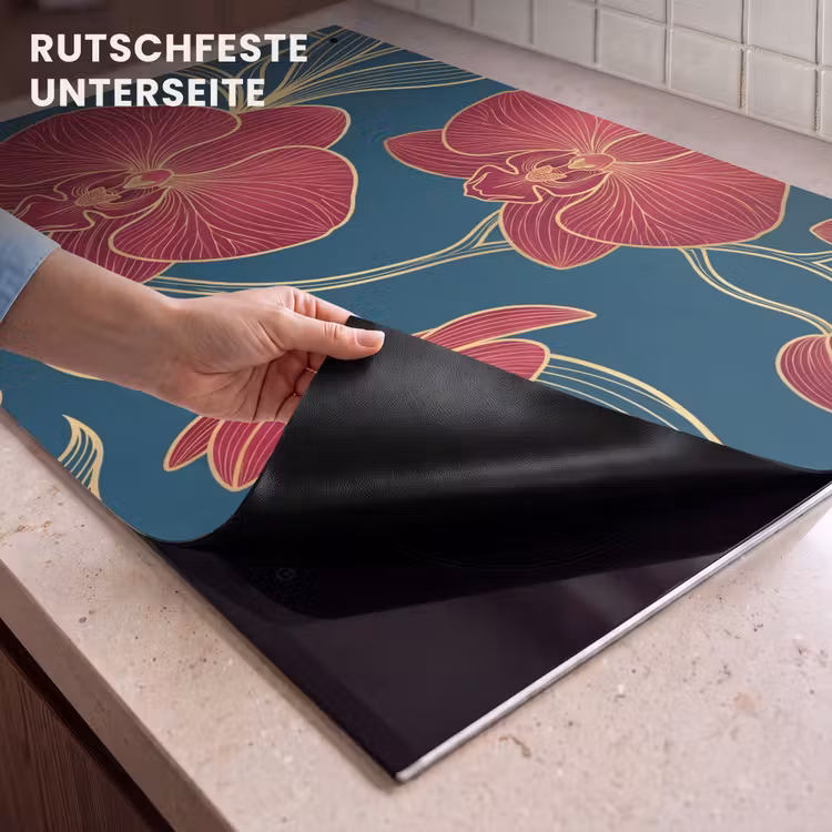 2-in-1 Herdabdeckplatte & Spritzschutz - Blumen – Rot – Gold - Bloemen - Rood - Goud Inductie beschemer met haakjes klein