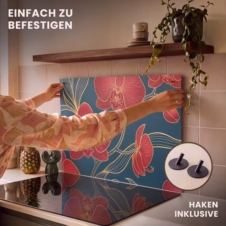 2-in-1 Herdabdeckplatte & Spritzschutz - Blumen – Rot – Gold - Bloemen - Rood - Goud Inductie beschemer met haakjes klein