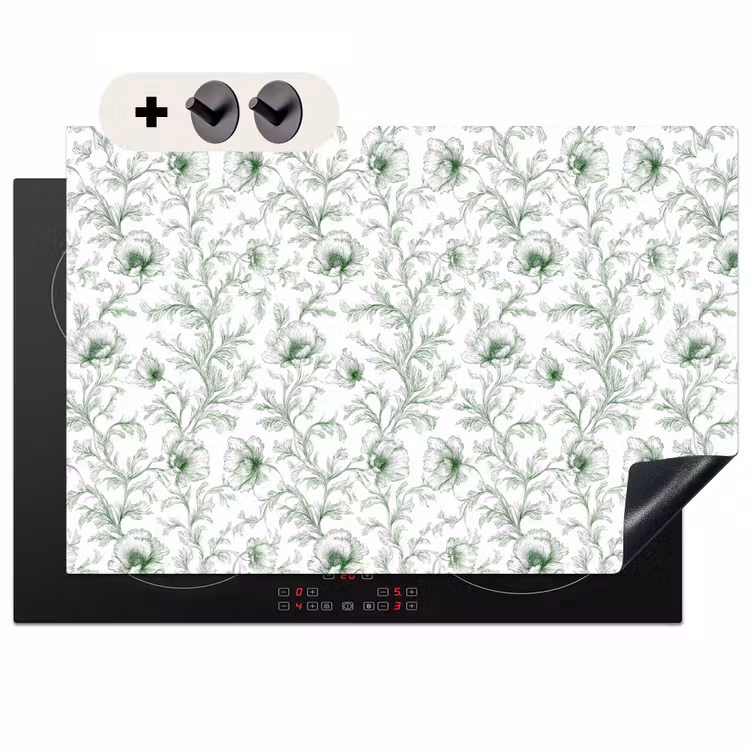 2-in-1 Herdabdeckplatte & Spritzschutz - Blumen - Signiert - Grün - Bloemen - Getekend - Groen Inductie beschemer met haakjes klein 777