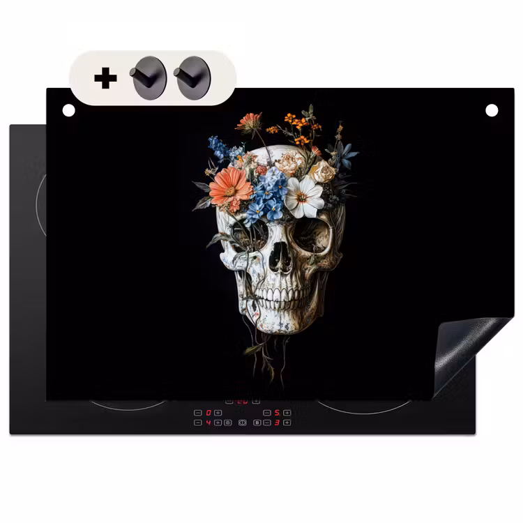 2-in-1 Herdabdeckplatte & Spritzschutz - Blumen - Totenkopf - Farbenfroh - Bloemen - Schedel - Kleurrijk Inductie beschemer met haakjes klein