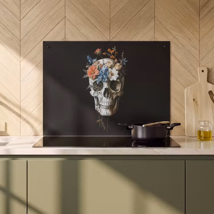 2-in-1 Herdabdeckplatte & Spritzschutz - Blumen - Totenkopf - Farbenfroh - Bloemen - Schedel - Kleurrijk Inductie beschemer met haakjes klein