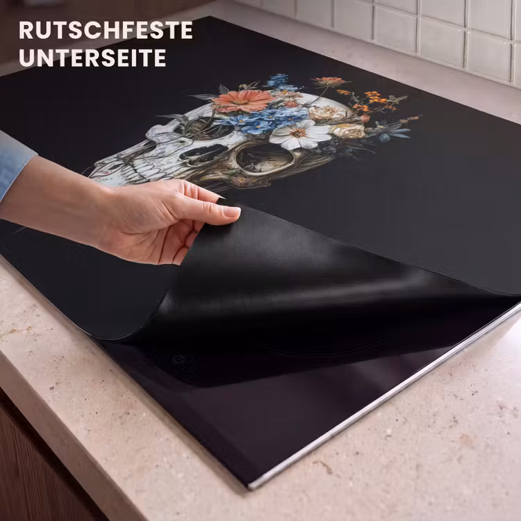 2-in-1 Herdabdeckplatte & Spritzschutz - Blumen - Totenkopf - Farbenfroh - Bloemen - Schedel - Kleurrijk Inductie beschemer met haakjes klein