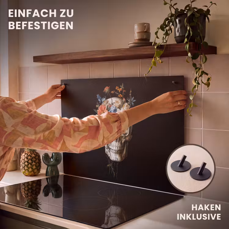 2-in-1 Herdabdeckplatte & Spritzschutz - Blumen - Totenkopf - Farbenfroh - Bloemen - Schedel - Kleurrijk Inductie beschemer met haakjes klein