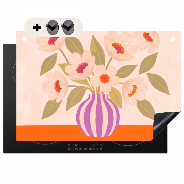 Bloemen - Vaas - Abstract - Paars - Oranje Inductie beschemer met haakjes klein -3d