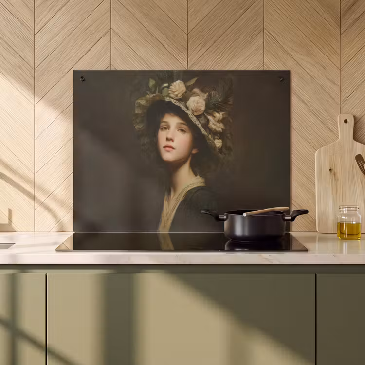 2-in-1 Herdabdeckplatte & Spritzschutz - Blumenhut - Porträt - Frau - Bloemenhoed - Portret - Vrouw Inductie beschemer met haakjes klein