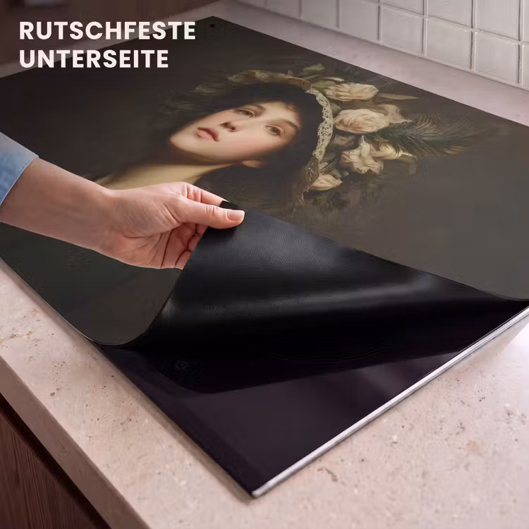 2-in-1 Herdabdeckplatte & Spritzschutz - Blumenhut - Porträt - Frau - Bloemenhoed - Portret - Vrouw Inductie beschemer met haakjes klein