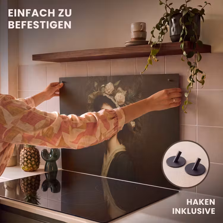 2-in-1 Herdabdeckplatte & Spritzschutz - Blumenhut - Porträt - Frau - Bloemenhoed - Portret - Vrouw Inductie beschemer met haakjes klein