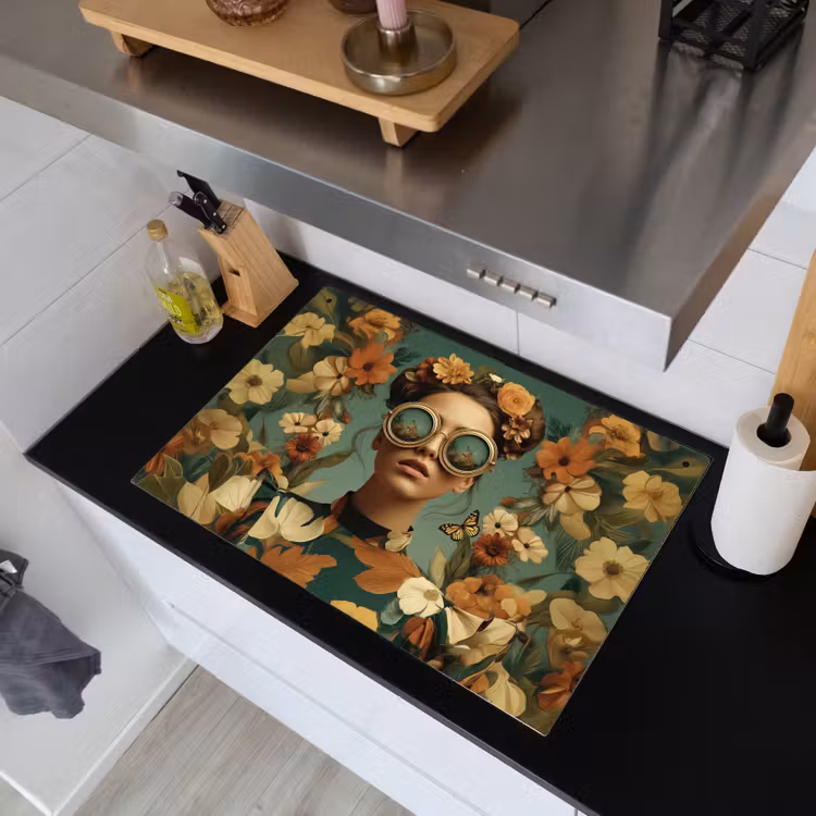 Bloemenkrans - Vrouwengezicht - Zonnebril - Oranje Inductie beschemer met haakjes klein -sfeer1