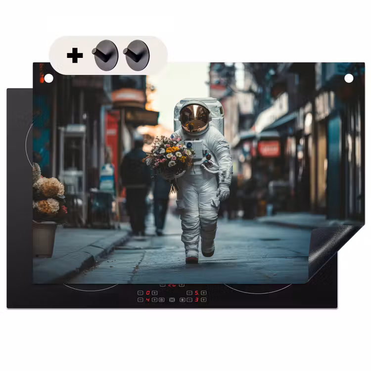 2-in-1 Herdabdeckplatte & Spritzschutz - Blumenstrauß - Blumen - Bunt - Astronaut - Boeket - Bloemen - Kleurrijk - Astronaut Inductie beschemer met haakjes klein