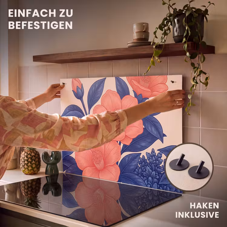 2-in-1 Herdabdeckplatte & Spritzschutz - Blüten – Blätter – Botanik - Bloemen - Bladeren - Botanisch Inductie beschemer met haakjes klein