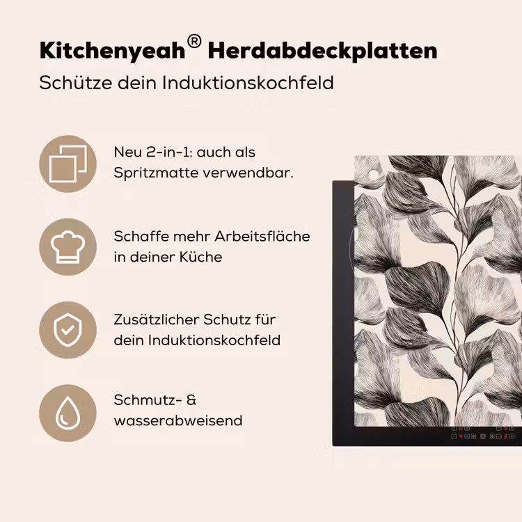 Botanisch - Bladeren - Zwart Inductie beschemer met haakjes klein 777 -ky-usp-de