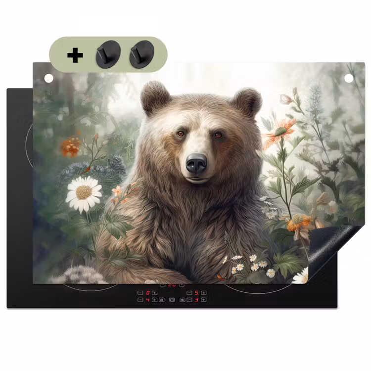 2-in-1 Herdabdeckplatte & Spritzschutz - Braunbär - Wildtiere - Blumen - Pflanzen - Bruine beer - Wilde dieren - Bloemen - Planten Inductie beschemer met haakjes klein
