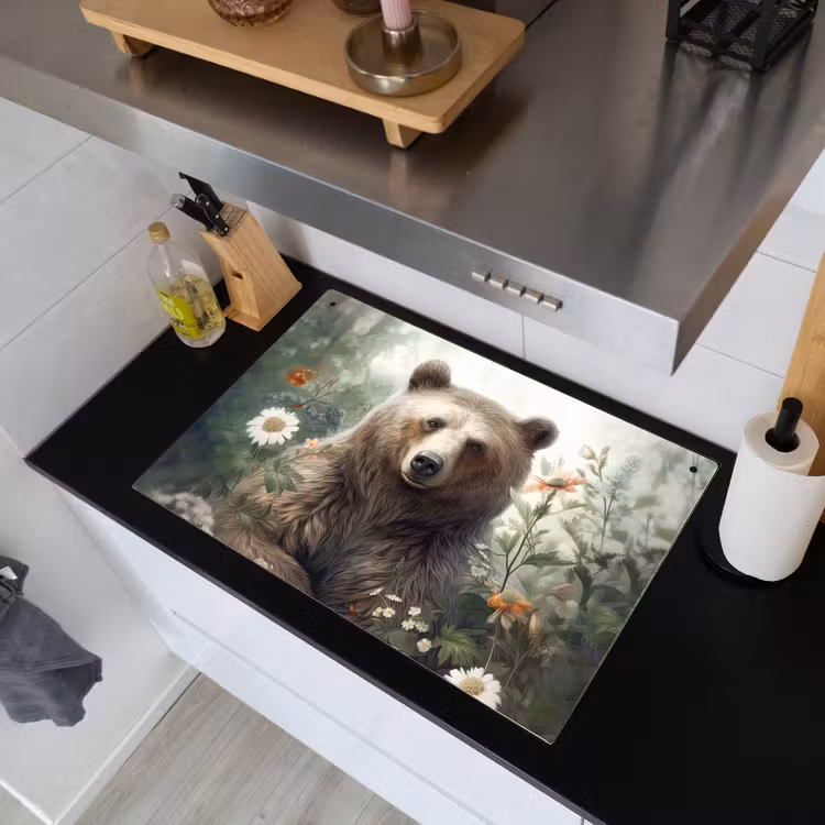 2-in-1 Herdabdeckplatte & Spritzschutz - Braunbär - Wildtiere - Blumen - Pflanzen - Bruine beer - Wilde dieren - Bloemen - Planten Inductie beschemer met haakjes klein