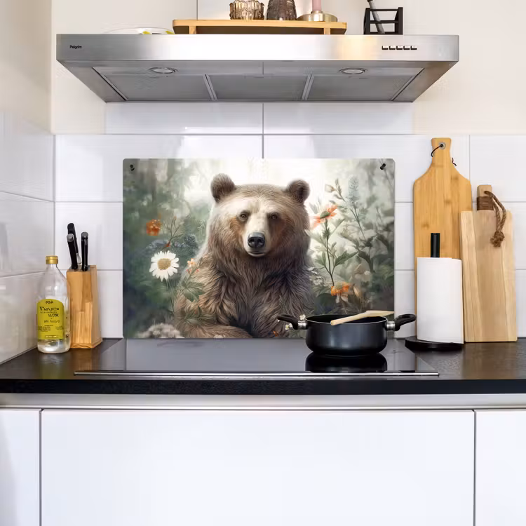 2-in-1 Herdabdeckplatte & Spritzschutz - Braunbär - Wildtiere - Blumen - Pflanzen - Bruine beer - Wilde dieren - Bloemen - Planten Inductie beschemer met haakjes klein