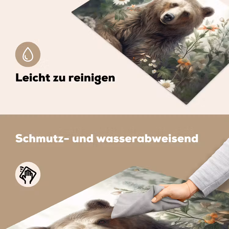 2-in-1 Herdabdeckplatte & Spritzschutz - Braunbär - Wildtiere - Blumen - Pflanzen - Bruine beer - Wilde dieren - Bloemen - Planten Inductie beschemer met haakjes klein