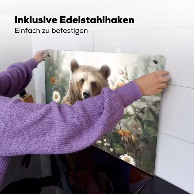 2-in-1 Herdabdeckplatte & Spritzschutz - Braunbär - Wildtiere - Blumen - Pflanzen - Bruine beer - Wilde dieren - Bloemen - Planten Inductie beschemer met haakjes klein