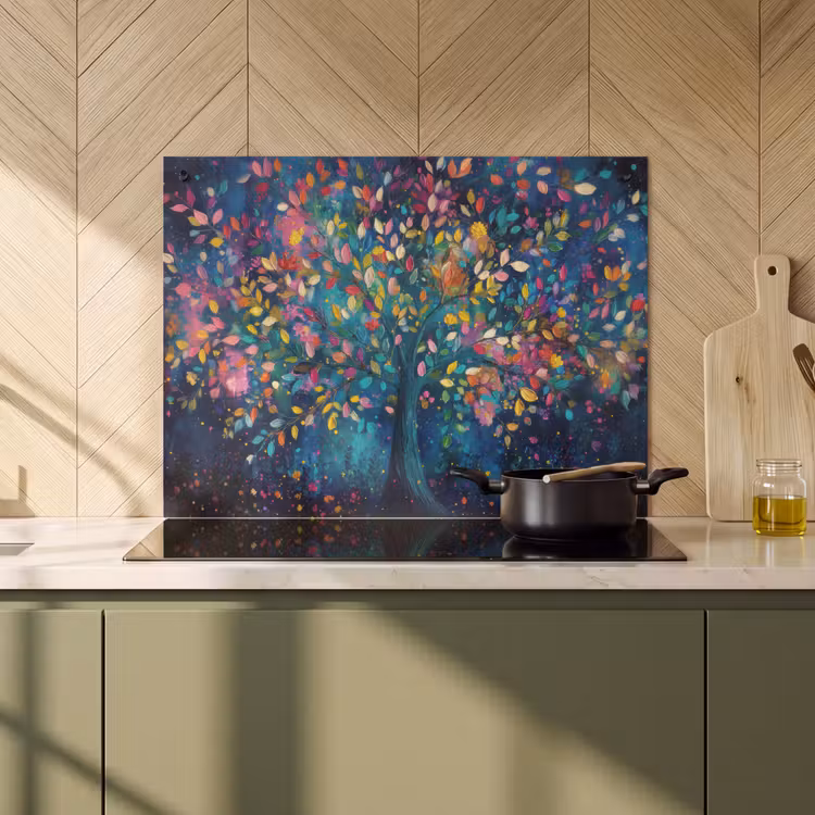 2-in-1 Herdabdeckplatte & Spritzschutz - Bunt - Baum - Magisch - Abstrakt - Kleurrijk - Boom - Magisch - Abstract Inductie beschemer met haakjes klein