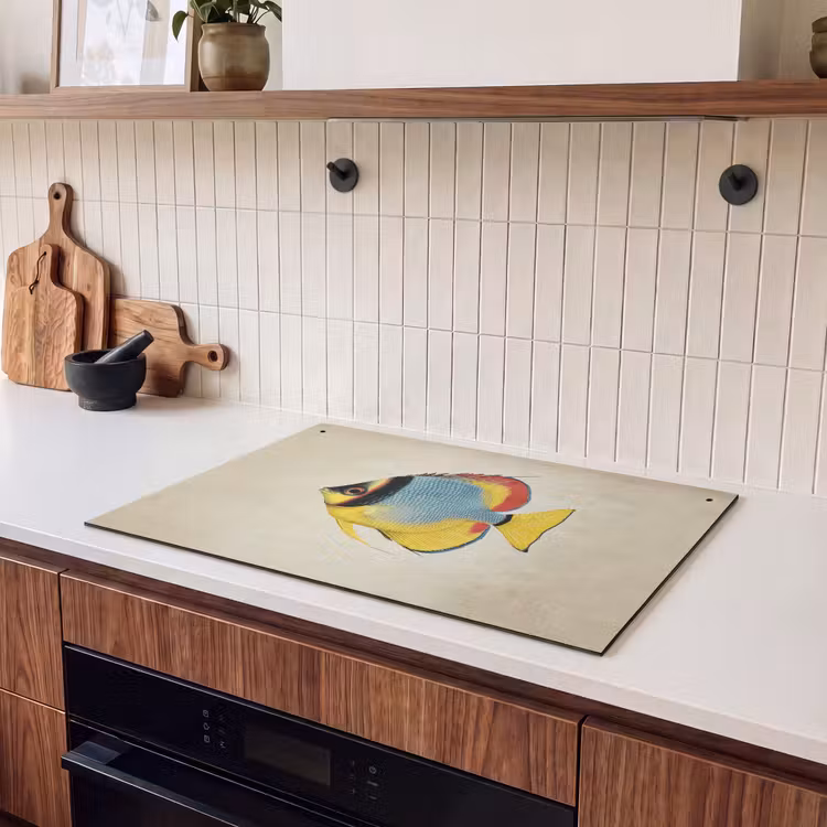 2-in-1 Herdabdeckplatte & Spritzschutz - Bunt - Fisch - Schuppen - Illustration - Kleurrijk - Vis - Schubben - Illustratie Inductie beschemer met haakjes klein