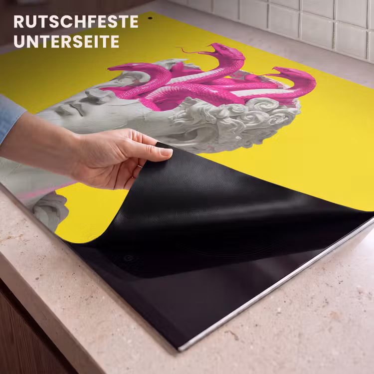 2-in-1 Herdabdeckplatte & Spritzschutz - Büste - Schlangen - Gelb - Buste - Slangen - Geel Inductie beschemer met haakjes klein