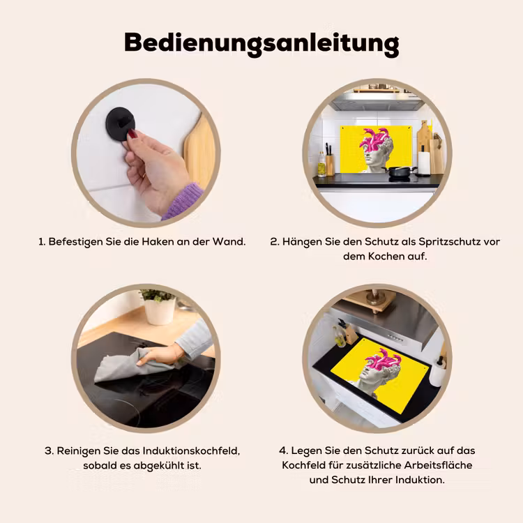 2-in-1 Herdabdeckplatte & Spritzschutz - Büste - Schlangen - Gelb - Buste - Slangen - Geel Inductie beschemer met haakjes klein