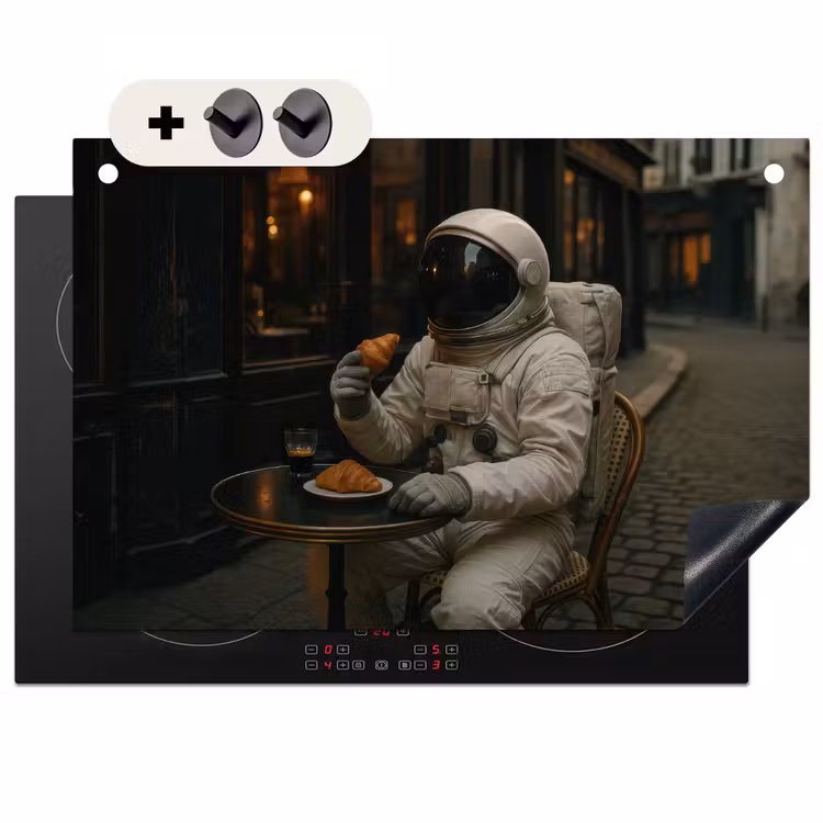 2-in-1 Herdabdeckplatte & Spritzschutz - Café - Croissant - Kaffee - Astronaut - Café - Croissant - Koffie - Astronaut Inductie beschemer met haakjes klein
